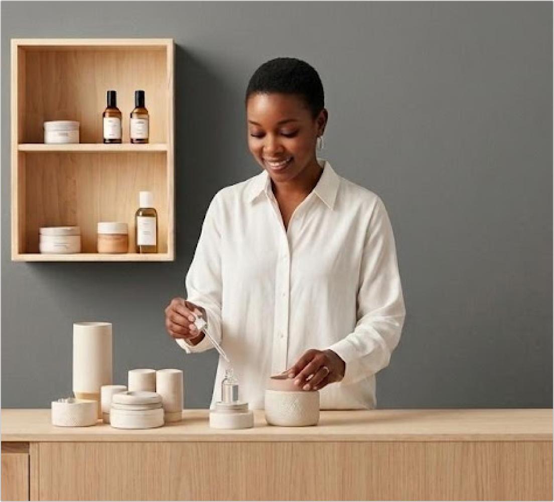 A Black-owned business owner arranging products in their studio
